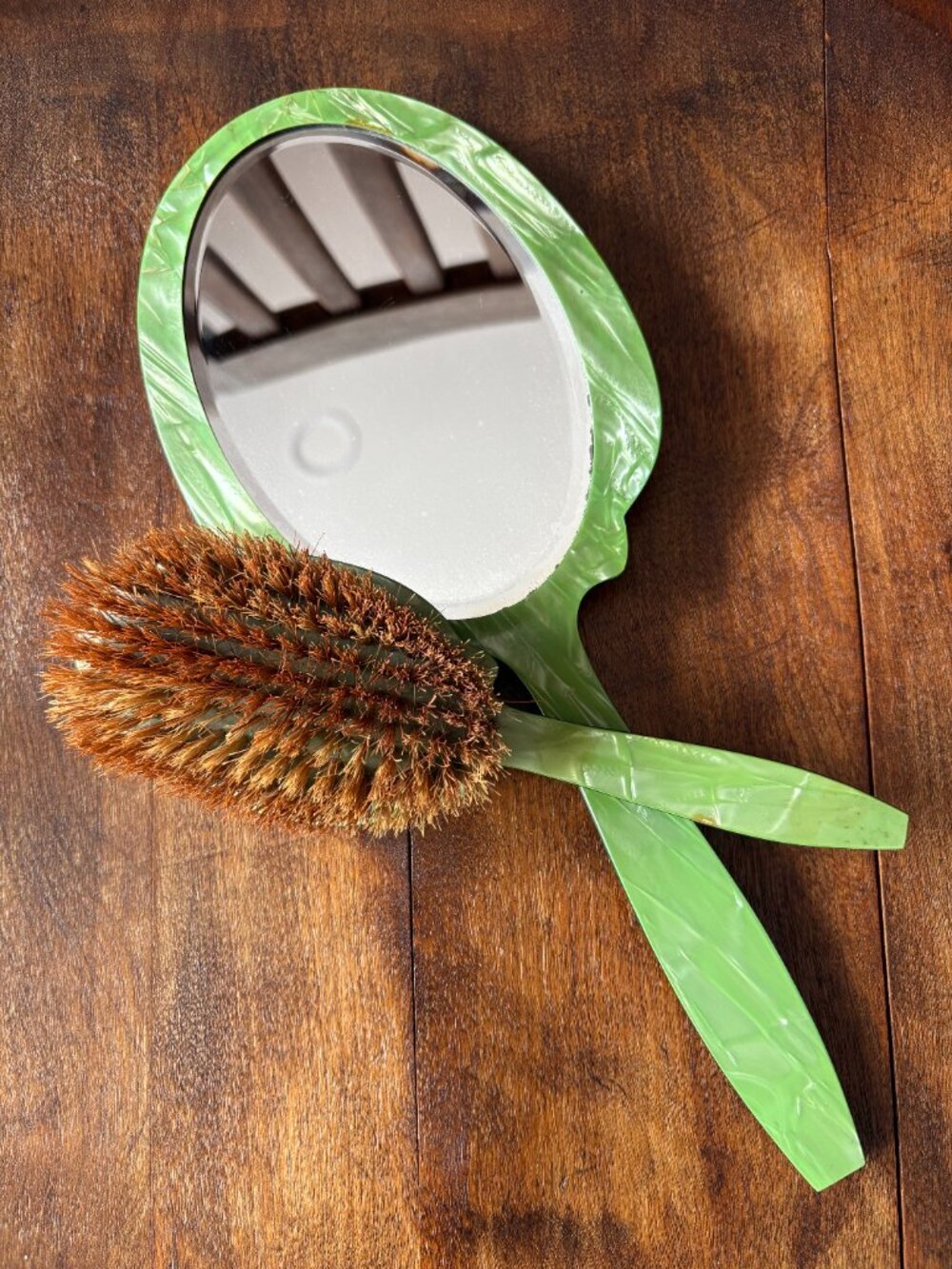 Marbled Green Vanity Set – Art Deco Mirror & Brush - Vintage